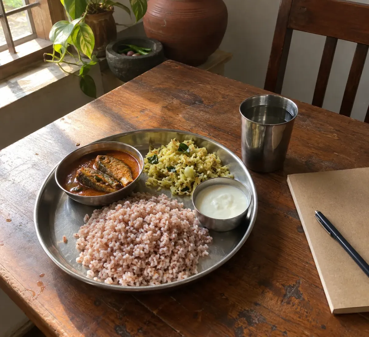 A Kerala meal of matta rice, fish curry, thoran and curd
